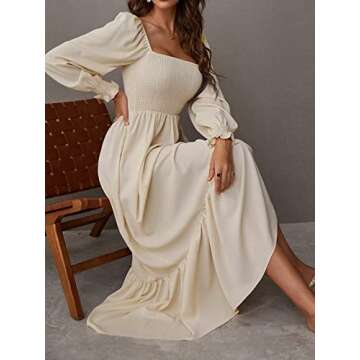 WDIRARA Women's Square Neck Flounce Shirred Ruffle Hem Elegant Long Sleeve Maxi Dress