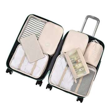Belsmi 8 Set Packing Cubes with Shoe Bag - Compression Travel Luggage Organizer (Style A - Beige)