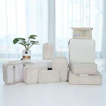 Belsmi 8 Set Packing Cubes with Shoe Bag - Compression Travel Luggage Organizer (Style A - Beige)