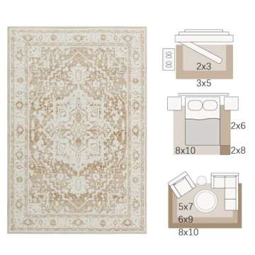 jinchan 5x7 Area Rugs for Bedroom - Machine Washable Tribal Vintage Floral Stain Resistant Ultra-Thi...
