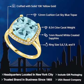 Gem Stone King 10K Yellow Gold Gemstone Birthstone and White Created Sapphire Ring For Women | Cushi...