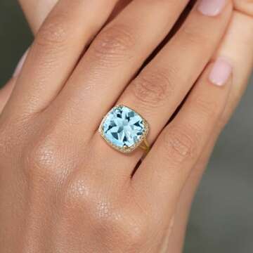 Gem Stone King 10K Yellow Gold Gemstone Birthstone and White Created Sapphire Ring For Women | Cushion 12MM | Wedding Anniversary Promise Ring For Women | Available In Size 5, 6, 7, 8, 9