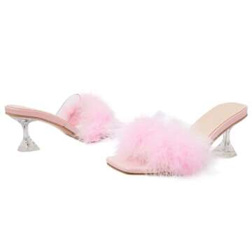 Heiyom Elegant Fluffy Feather Square Toe Stilettos