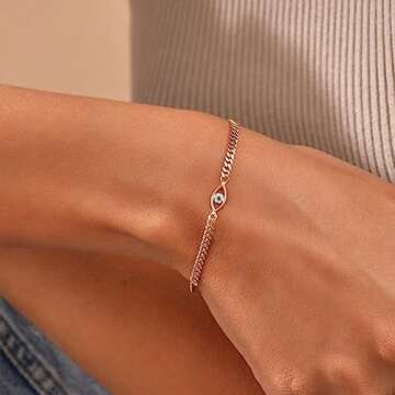 VRIUA Gold Bracelets for Women, 14K Gold Plated Cuban Evil Eye Bracelet Dainty Evil Eye Chain Bracelets Adjustable Gold Chain Bracelets Gold Jewelry for Women