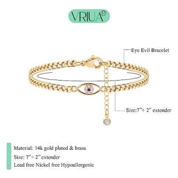 VRIUA Gold Bracelets for Women, 14K Gold Plated Cuban Evil Eye Bracelet Dainty Evil Eye Chain Bracelets Adjustable Gold Chain Bracelets Gold Jewelry for Women