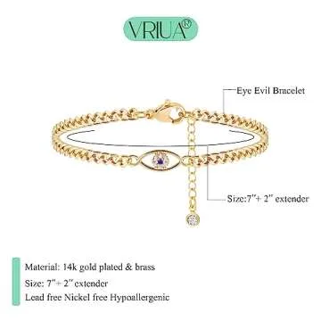 VRIUA Gold Bracelets for Women, 14K Gold Plated Cuban Evil Eye Bracelet Dainty Evil Eye Chain Bracelets Adjustable Gold Chain Bracelets Gold Jewelry for Women