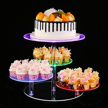 SHUOTAO 4 Tiers LED Round Acrylic Cupcake Stand, Rechargeable LED Light Clear Cupcake Tower Stand fo...