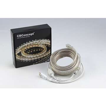 CBConcept UL Listed, 40 Feet, 4300 Lumen, 3000K Warm White, Dimmable, 110-120V AC Flexible Flat LED Strip Rope Light, 720 Units 3528 SMD LEDs, Indoor Outdoor Use, Accessories Included, Ready to use