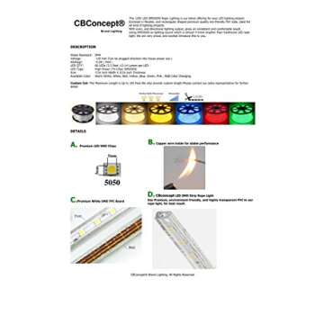CBConcept UL Listed, 40 Feet, 4300 Lumen, 3000K Warm White, Dimmable, 110-120V AC Flexible Flat LED Strip Rope Light, 720 Units 3528 SMD LEDs, Indoor Outdoor Use, Accessories Included, Ready to use