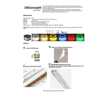 CBConcept UL Listed, 40 Feet, 4300 Lumen, 3000K Warm White, Dimmable, 110-120V AC Flexible Flat LED Strip Rope Light, 720 Units 3528 SMD LEDs, Indoor Outdoor Use, Accessories Included, Ready to use