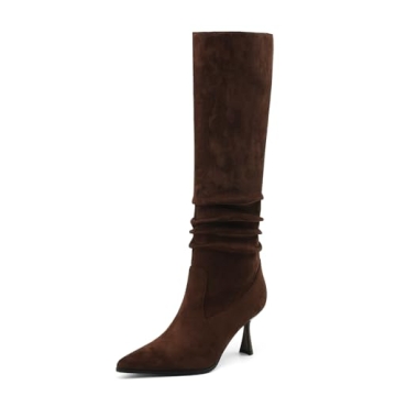 TEAIEUI Women Knee High Boots - Chic Slouchy Kitten Heels in Brown