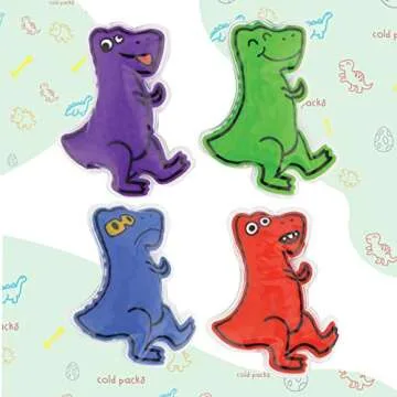 Boo Boo Ice Packs for Kids w/Ultra Soft and Fun Sleeves | Kids Ice Packs for Boo Boos with Cover | Hot and Cold Therapy Reusable Ice Packs for Injuries Kids 4-Pack (Dino)