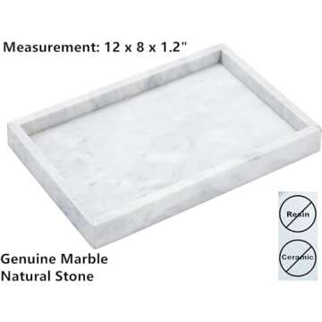 12"x8" Real Natural Marble Vanity Tray, Genuine Marble Storage Tray for Cosmetics/Jewelry, Non-Resin...