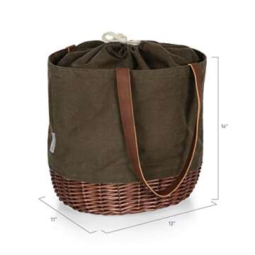 PICNIC TIME Coronado Canvas and Willow Basket Tote, Picnic Tote Bag, Beach Tote, (Khaki Green with B...