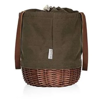 PICNIC TIME Coronado Canvas and Willow Basket Tote, Picnic Tote Bag, Beach Tote, (Khaki Green with Beige Accents)