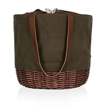 PICNIC TIME Coronado Canvas and Willow Basket Tote, Picnic Tote Bag, Beach Tote, (Khaki Green with Beige Accents)