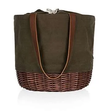 PICNIC TIME Coronado Canvas and Willow Basket Tote, Picnic Tote Bag, Beach Tote, (Khaki Green with Beige Accents)