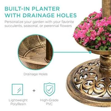 Solar Lighted Pedestal Bird Bath Fountain with Planter