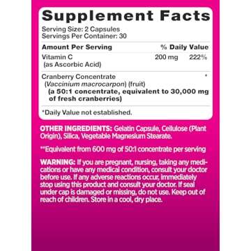 PINK Cranberry Pills for Women | 60 Capsules | Plus Vitamin C | Non-GMO & Gluten Free Extract Supple...