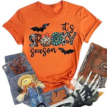Pumpkin Color Shirts Funny T-Shirt for Halloween Women Novelty Tops Boo Ghost Spooky Season Orange T...