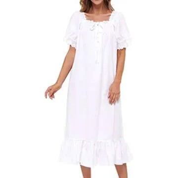 Lu's Chic Women's Victorian Nightgown Cotton Sleepwear Long Loungewear Short Sleeve Soft Nightwear Night Dress Sleep Calf Length Ruffle Nightdress Scoop Neck Lace Solid White Small