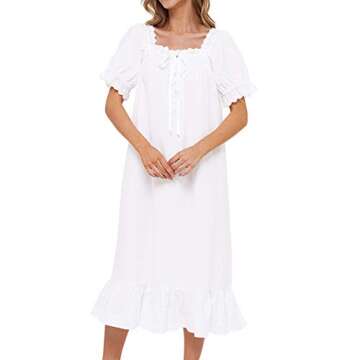 Lu's Chic Women's Victorian Nightgown Cotton Sleepwear Long Loungewear Short Sleeve Soft Nightwear Night Dress Sleep Calf Length Ruffle Nightdress Scoop Neck Lace Solid White Small