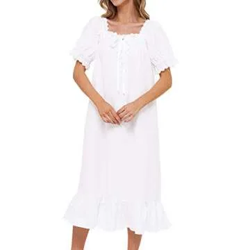 Lu's Chic Women's Victorian Nightgown Cotton Sleepwear Long Loungewear Short Sleeve Soft Nightwear Night Dress Sleep Calf Length Ruffle Nightdress Scoop Neck Lace Solid White Small