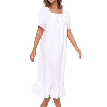 Lu's Chic Women's Victorian Nightgown Cotton Sleepwear Long Loungewear Short Sleeve Soft Nightwear Night Dress Sleep Calf Length Ruffle Nightdress Scoop Neck Lace Solid White Small