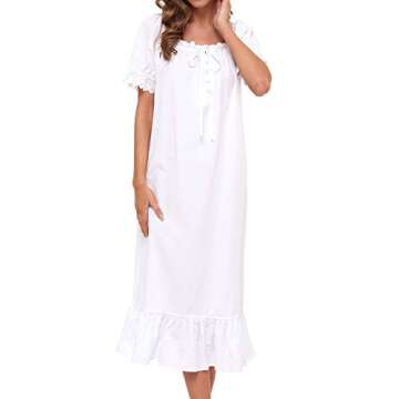 Lu's Chic Women's Victorian Nightgown Cotton Sleepwear Long Loungewear Short Sleeve Soft Nightwear Night Dress Sleep Calf Length Ruffle Nightdress Scoop Neck Lace Solid White Small