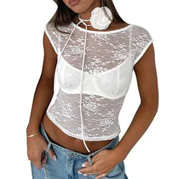 Women Y2K Backless Lace Crop Top Sheer See Through Sexy Going Out Tops White S