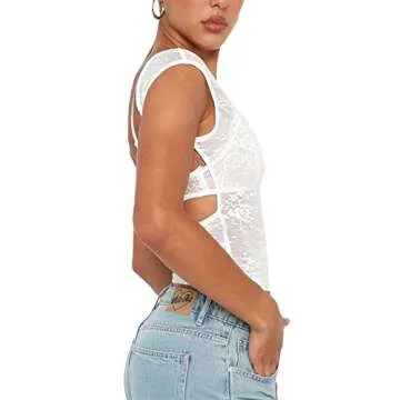 Women Y2K Backless Lace Crop Top Sheer See Through Sexy Going Out Tops White S