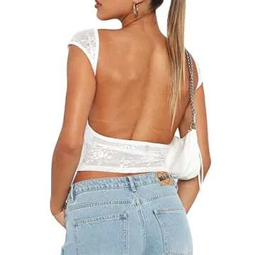 Women Y2K Backless Lace Crop Top Sheer See Through Sexy Going Out Tops White S