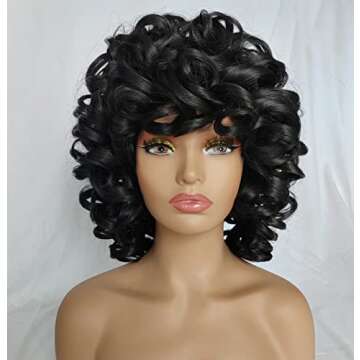 KEAT Curly Wigs for Black Women 14" Short Kinky Curly Wig with Bangs Afro Black Curly Wigs for African American Cute Natural Synthtic Soft Wigs K001BK