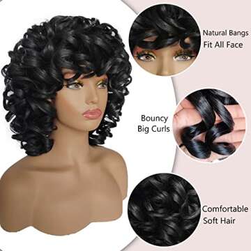 KEAT Curly Wigs for Black Women 14" Short Kinky Curly Wig with Bangs Afro Black Curly Wigs for African American Cute Natural Synthtic Soft Wigs K001BK