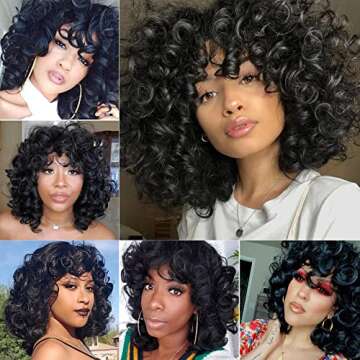 KEAT Curly Wigs for Black Women 14" Short Kinky Curly Wig with Bangs Afro Black Curly Wigs for African American Cute Natural Synthtic Soft Wigs K001BK