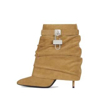 XEYANFYS Padlock Ankle Boots for Women Mid Calf Fold over Shark Booties Stiletto High Heel Pointed Toe Pull on Fashion Metal Buckle Short Boots for Women, 8, Apricot