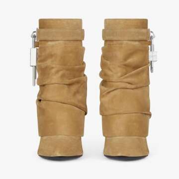 XEYANFYS Padlock Ankle Boots for Women Mid Calf Fold over Shark Booties Stiletto High Heel Pointed Toe Pull on Fashion Metal Buckle Short Boots for Women, 8, Apricot