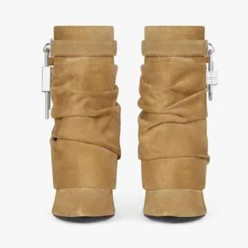 XEYANFYS Padlock Ankle Boots for Women Mid Calf Fold over Shark Booties Stiletto High Heel Pointed Toe Pull on Fashion Metal Buckle Short Boots for Women, 8, Apricot