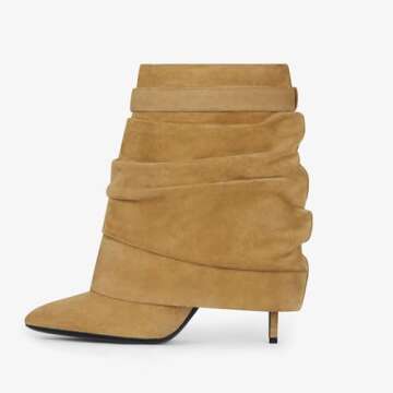 XEYANFYS Padlock Ankle Boots for Women Mid Calf Fold over Shark Booties Stiletto High Heel Pointed Toe Pull on Fashion Metal Buckle Short Boots for Women, 8, Apricot