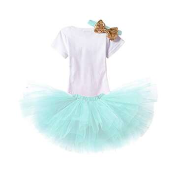 Baby Girls Unicorn 1st Birthday Outfit Summer Short Sleeve Romper + Ruffle Tulle Skirt + Sequin Bow Headband First Halloween Cake Smash Party Tutu Dress Clothes 3pcs Set for Photo Shoot Blue 6-12M