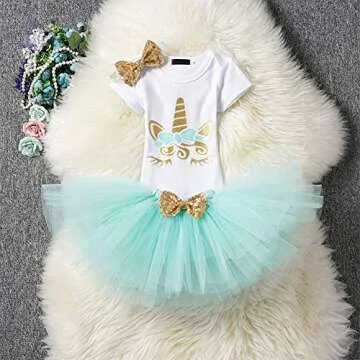 Baby Girls Unicorn 1st Birthday Outfit Summer Short Sleeve Romper + Ruffle Tulle Skirt + Sequin Bow Headband First Halloween Cake Smash Party Tutu Dress Clothes 3pcs Set for Photo Shoot Blue 6-12M