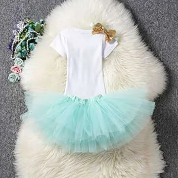 Baby Girls Unicorn 1st Birthday Outfit Summer Short Sleeve Romper + Ruffle Tulle Skirt + Sequin Bow Headband First Halloween Cake Smash Party Tutu Dress Clothes 3pcs Set for Photo Shoot Blue 6-12M