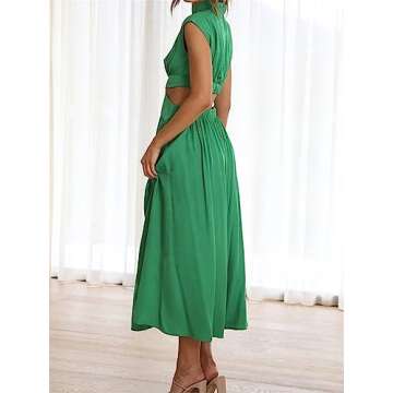 Yuemengxuan Women Pleated Maxi Dress Mock Neck Cut Out Sleeveless Long Flowy Dresses Elegant Cocktail Party Formal Dress (Green, M)