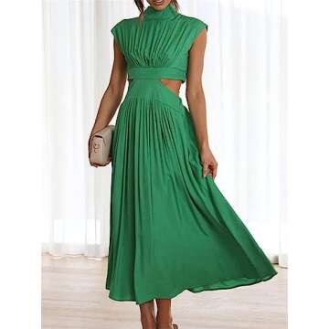 Yuemengxuan Women Pleated Maxi Dress Mock Neck Cut Out Sleeveless Long Flowy Dresses Elegant Cocktail Party Formal Dress (Green, M)