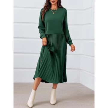 Wenrine Womens Sweatshirt Dress Casual Patchwork Long Sleeve Crewneck Pleated Fall Maxi Dresses Dark...