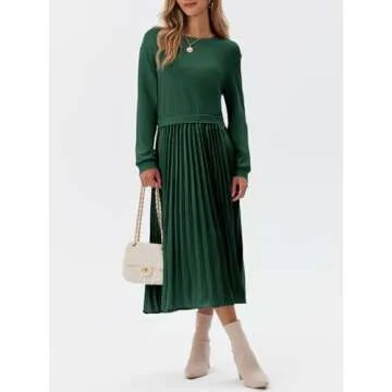 Wenrine Womens Sweatshirt Dress Casual Patchwork Long Sleeve Crewneck Pleated Fall Maxi Dresses Dark Green