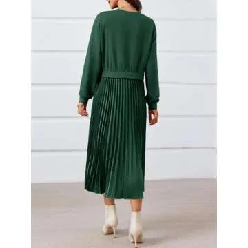 Wenrine Womens Sweatshirt Dress Casual Patchwork Long Sleeve Crewneck Pleated Fall Maxi Dresses Dark Green