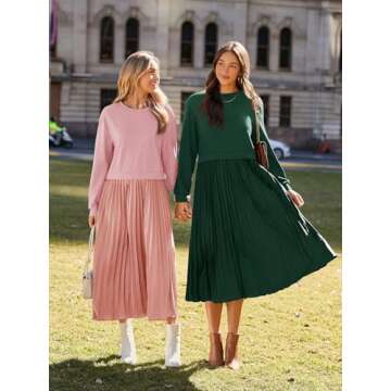 Wenrine Womens Sweatshirt Dress Casual Patchwork Long Sleeve Crewneck Pleated Fall Maxi Dresses Dark Green