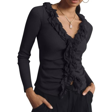 Anoumcy Long Sleeve Rib Knit Button Down Ruffles Tops Shirts for Women Casual V Neck Y2k Fitted Top ...