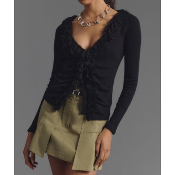 Anoumcy Long Sleeve Rib Knit Button Down Ruffles Tops Shirts for Women Casual V Neck Y2k Fitted Top 2024 Fall Outfits Black M